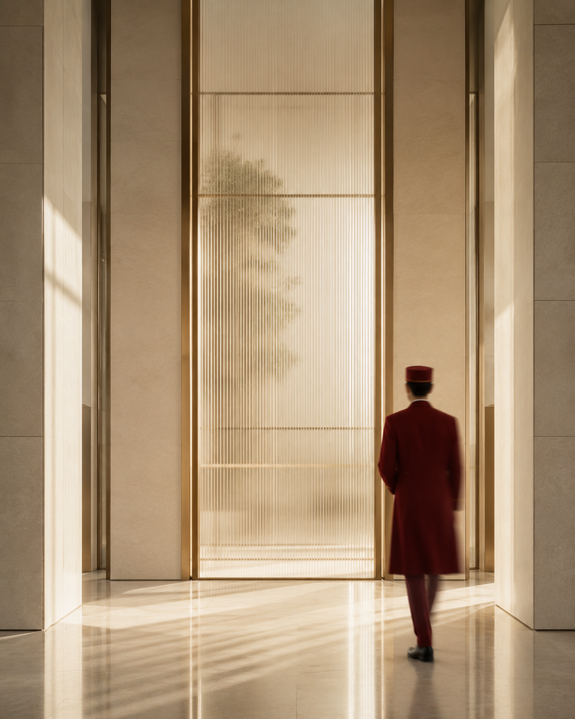 A bellboy in a red coat walking toward a fluted glass door