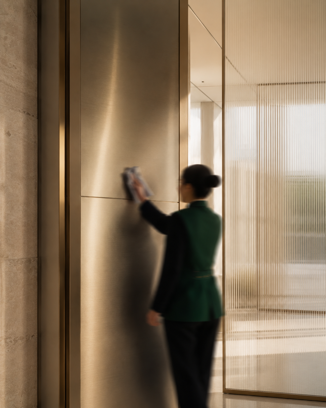 A cleaner polishing a brass column in a luxury retail lobby