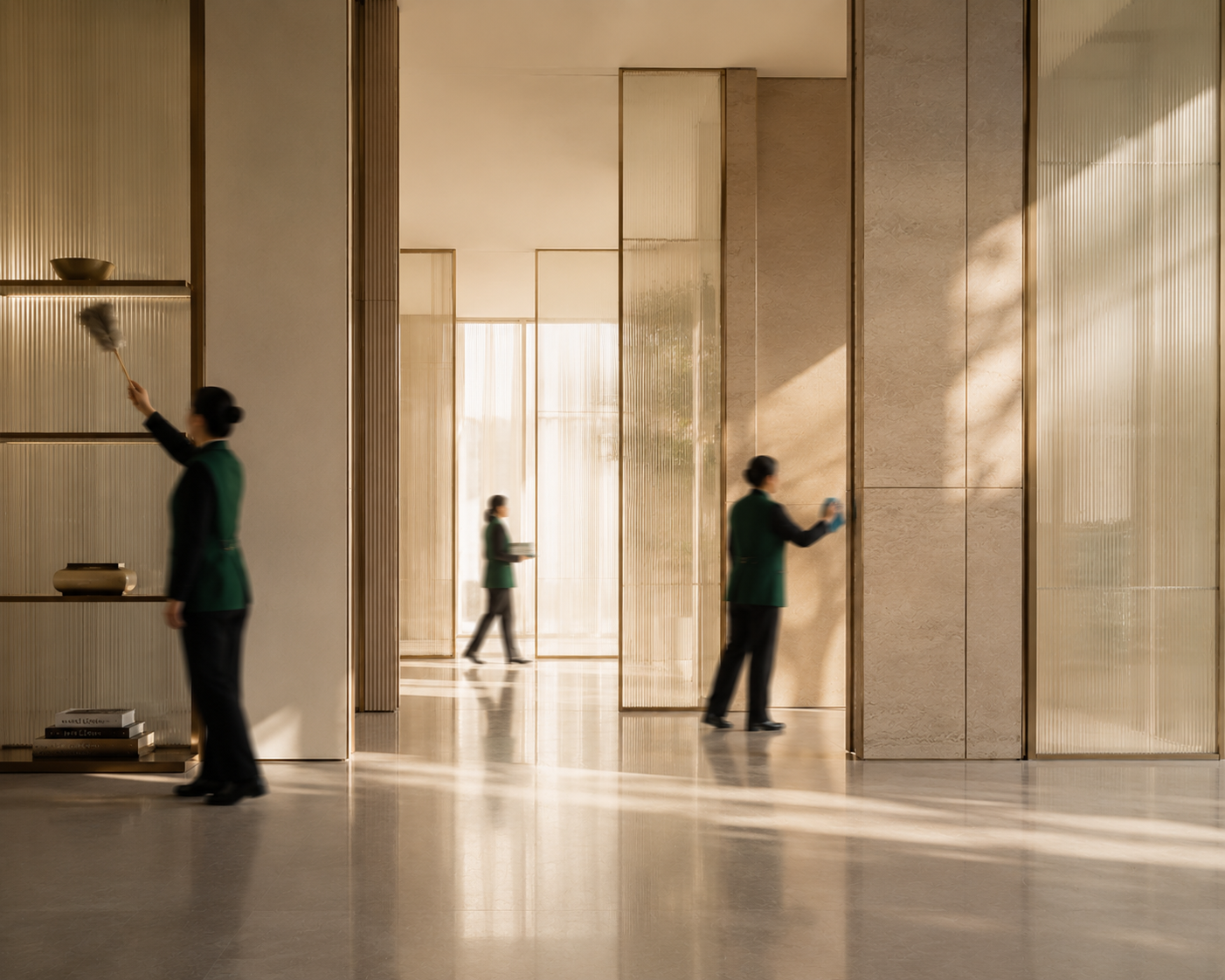 A cleaner polishing a brass column in a hotel lobby